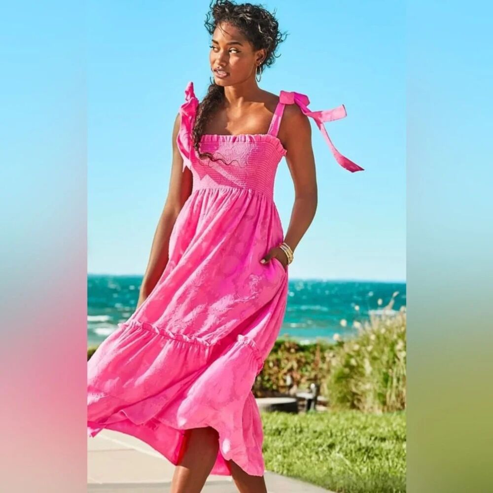 Lilly Pulitzer Hadly Crepe Swirl Hot Pink Smocked Maxi Dress